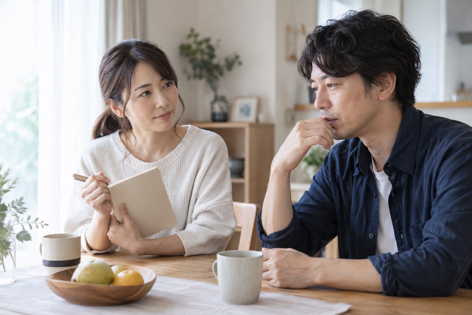 ノートを前に考えを整理しながら話す二人