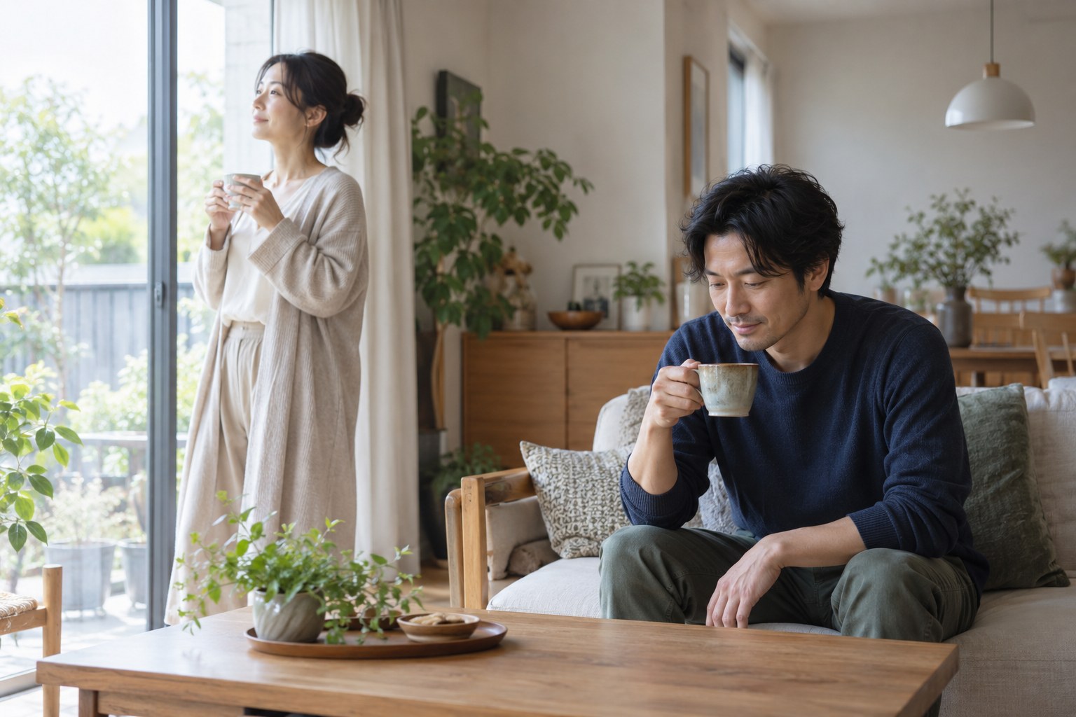 話し合いの合間に別々に休憩する二人
