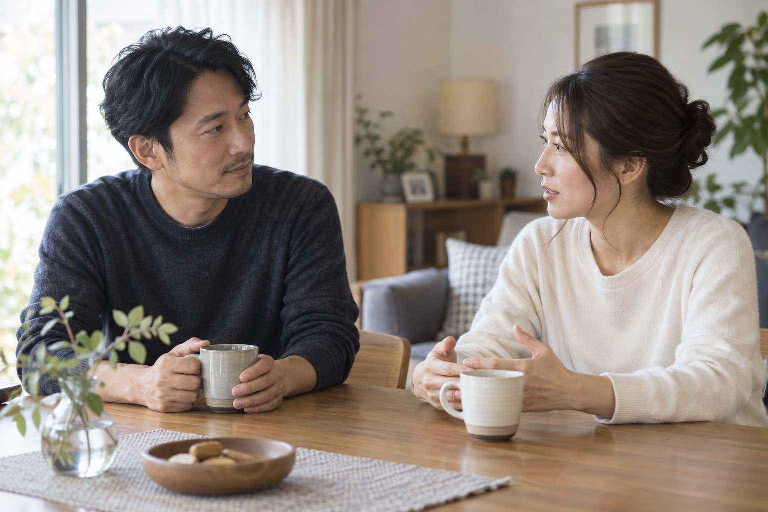 お茶を飲みながら落ち着いて話を再開する二人