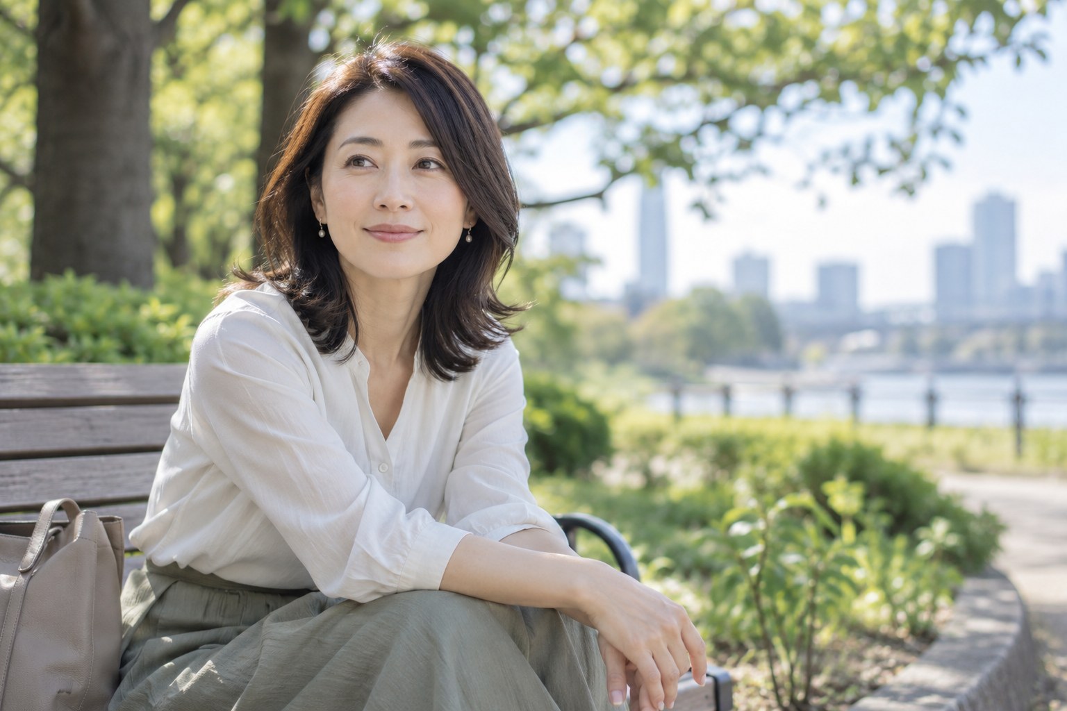 日差しのある公園で落ち着いて座る女性