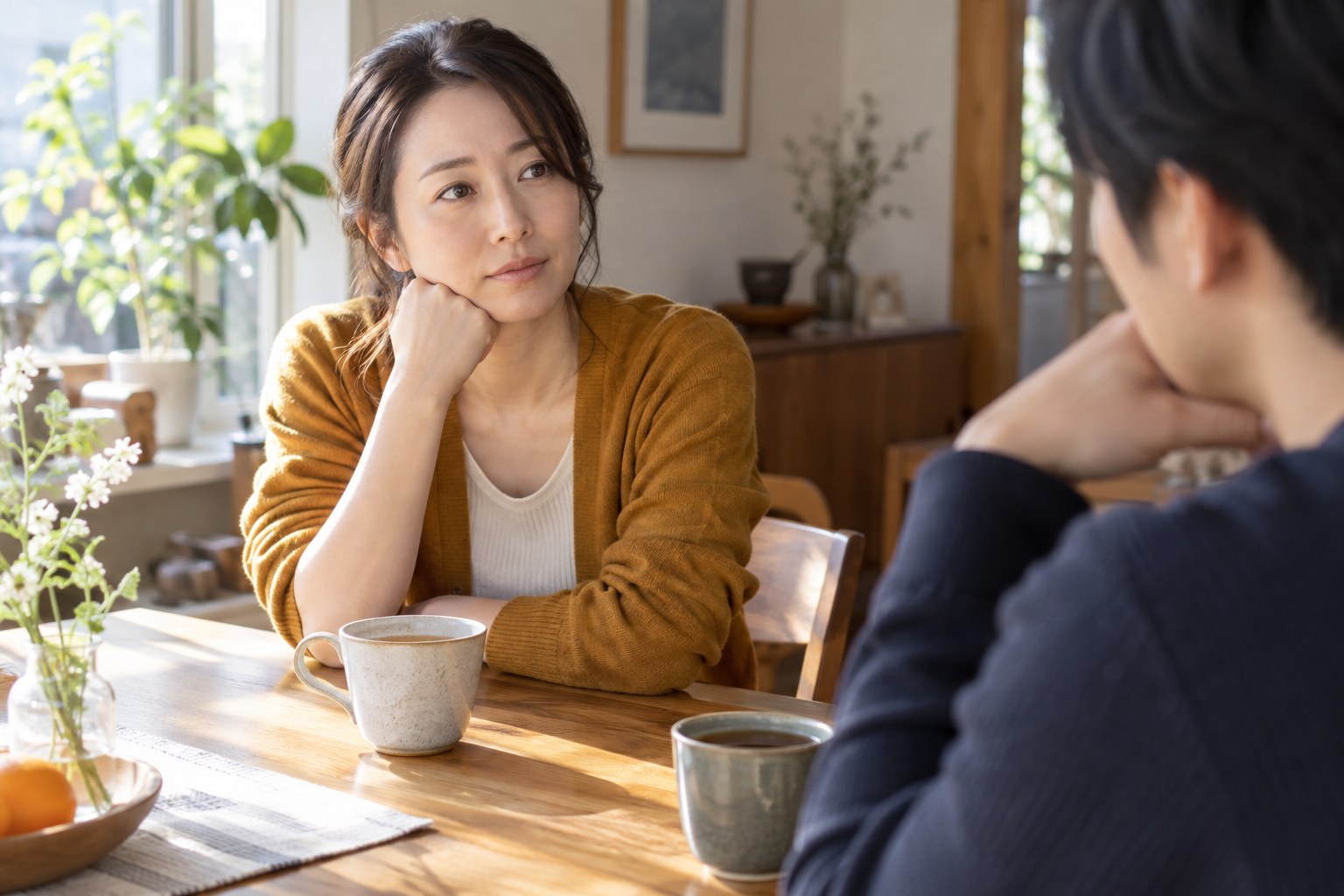 二人分のお茶を前に関係について考える女性