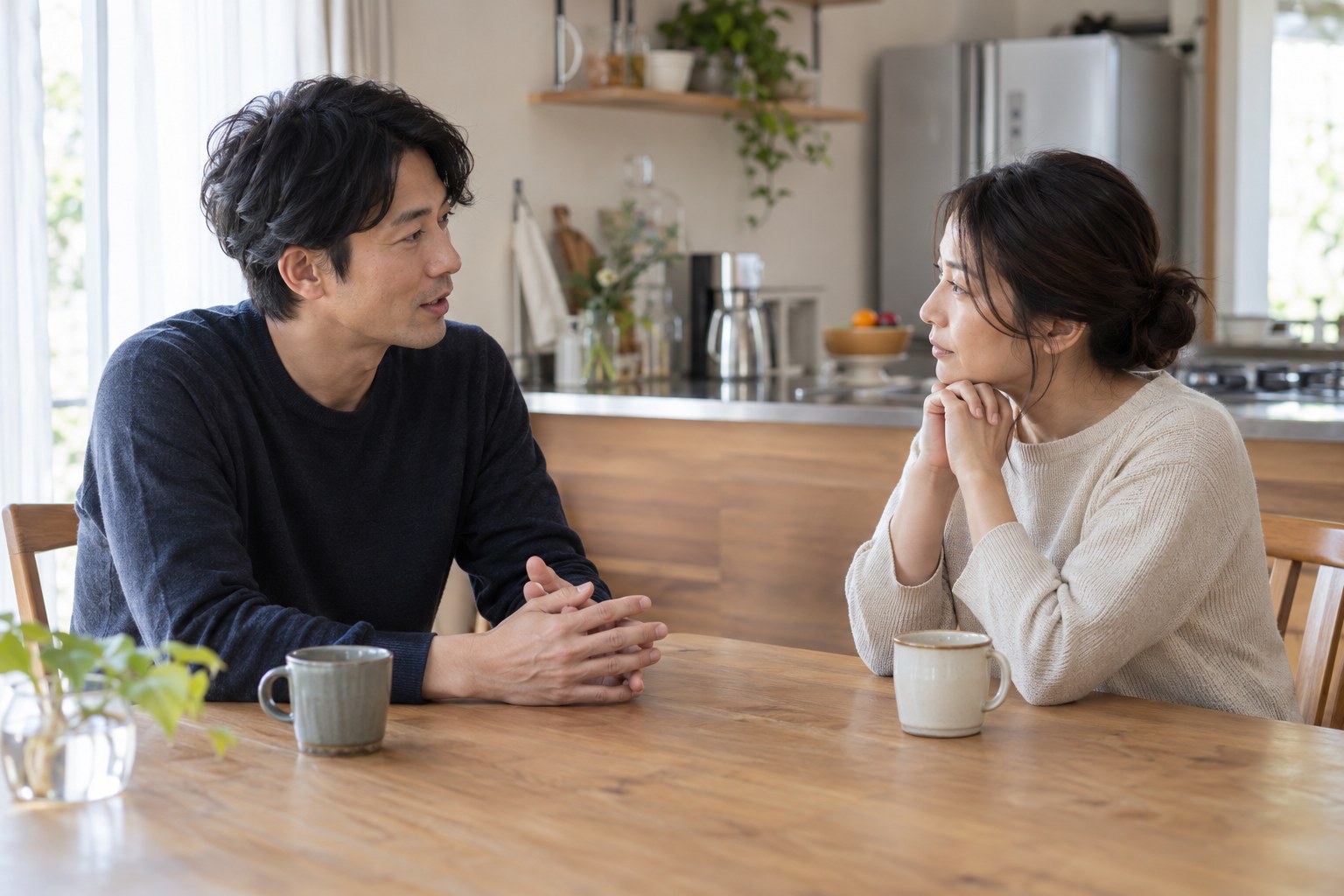 食卓で仲直りの負担について話す二人