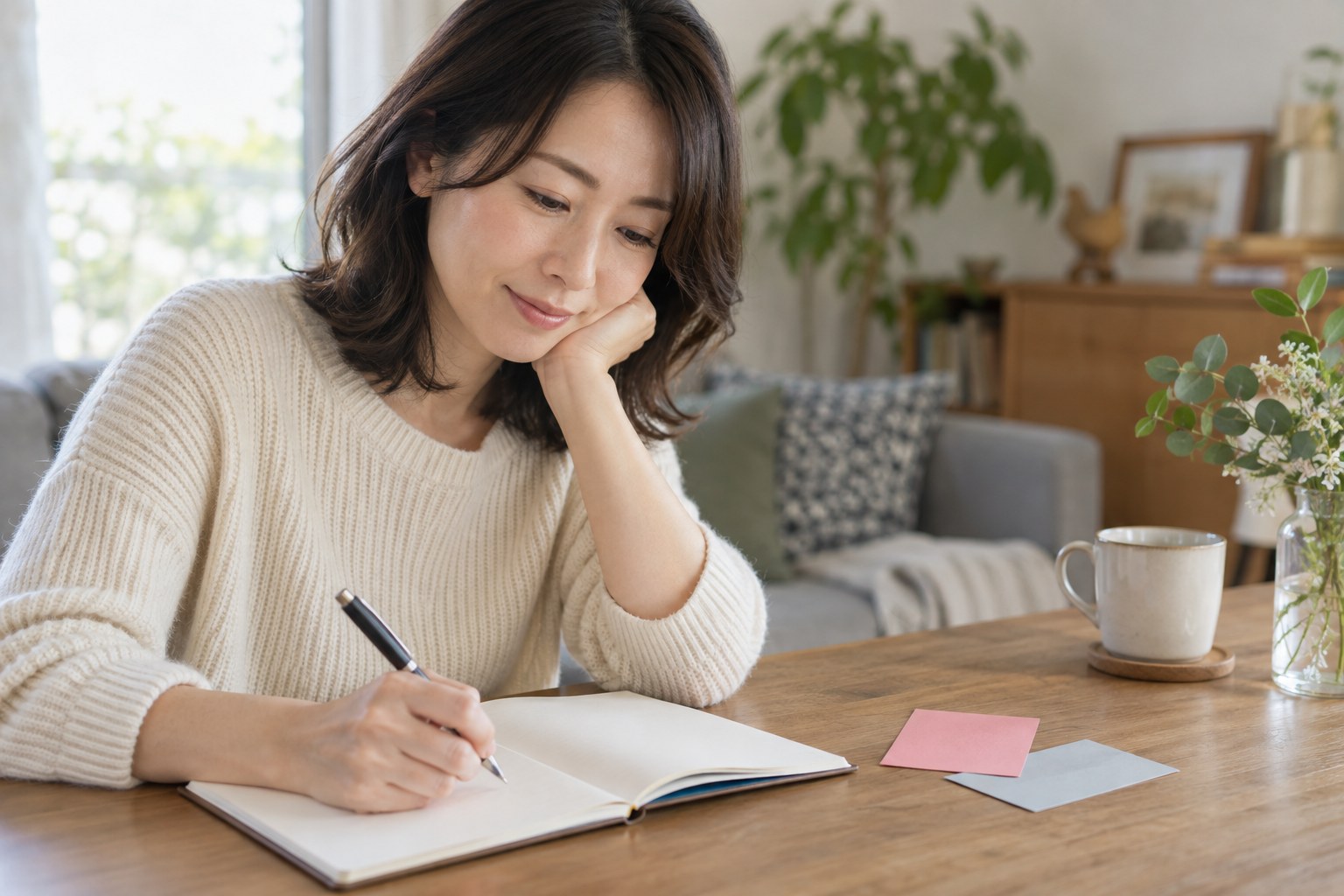 ノートに対話の役割を書き出す女性