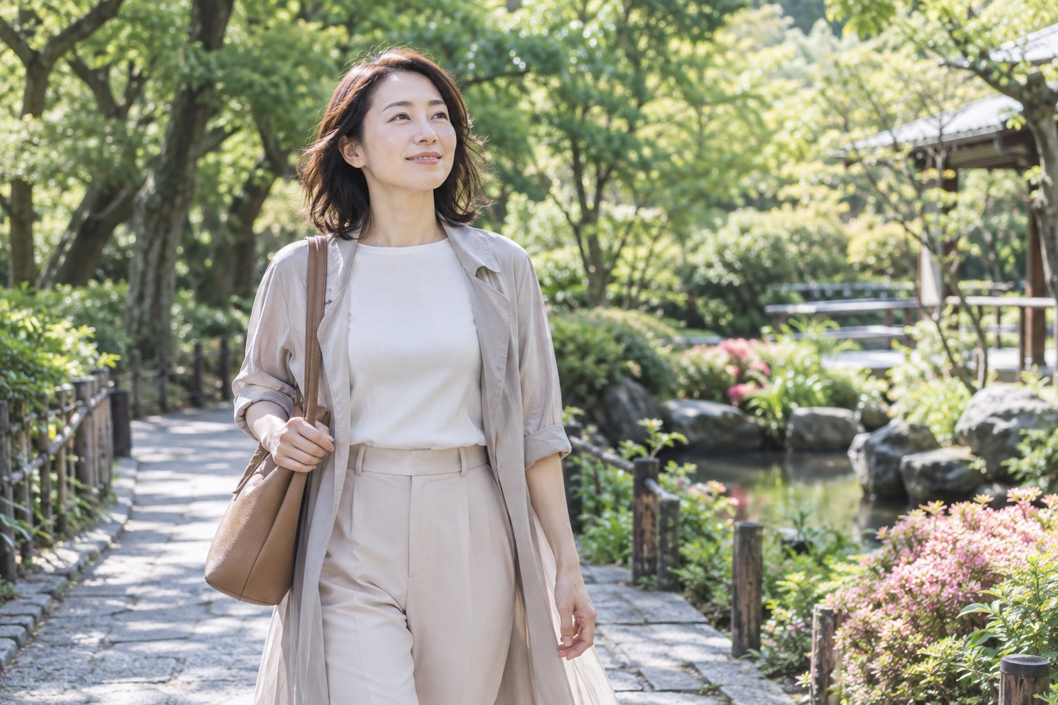 日差しのある庭園で自分の時間を過ごす女性
