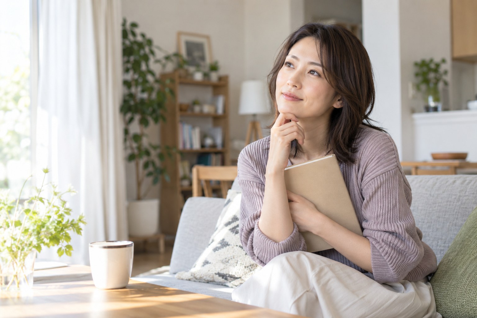 約束についてノートを手に考える女性