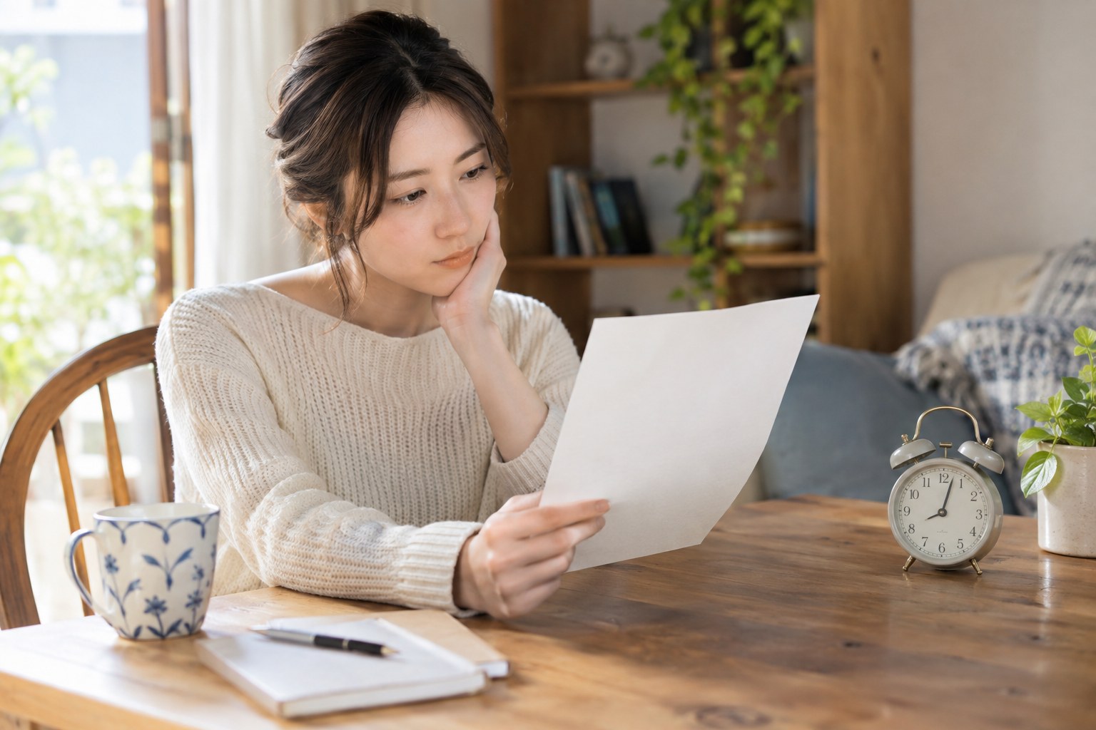 予定を紙と時計で確認する女性