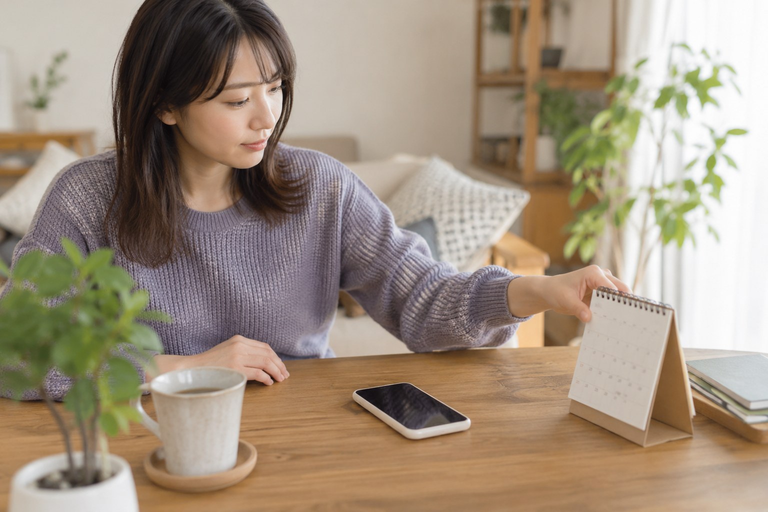 卓上カレンダーを確認する女性