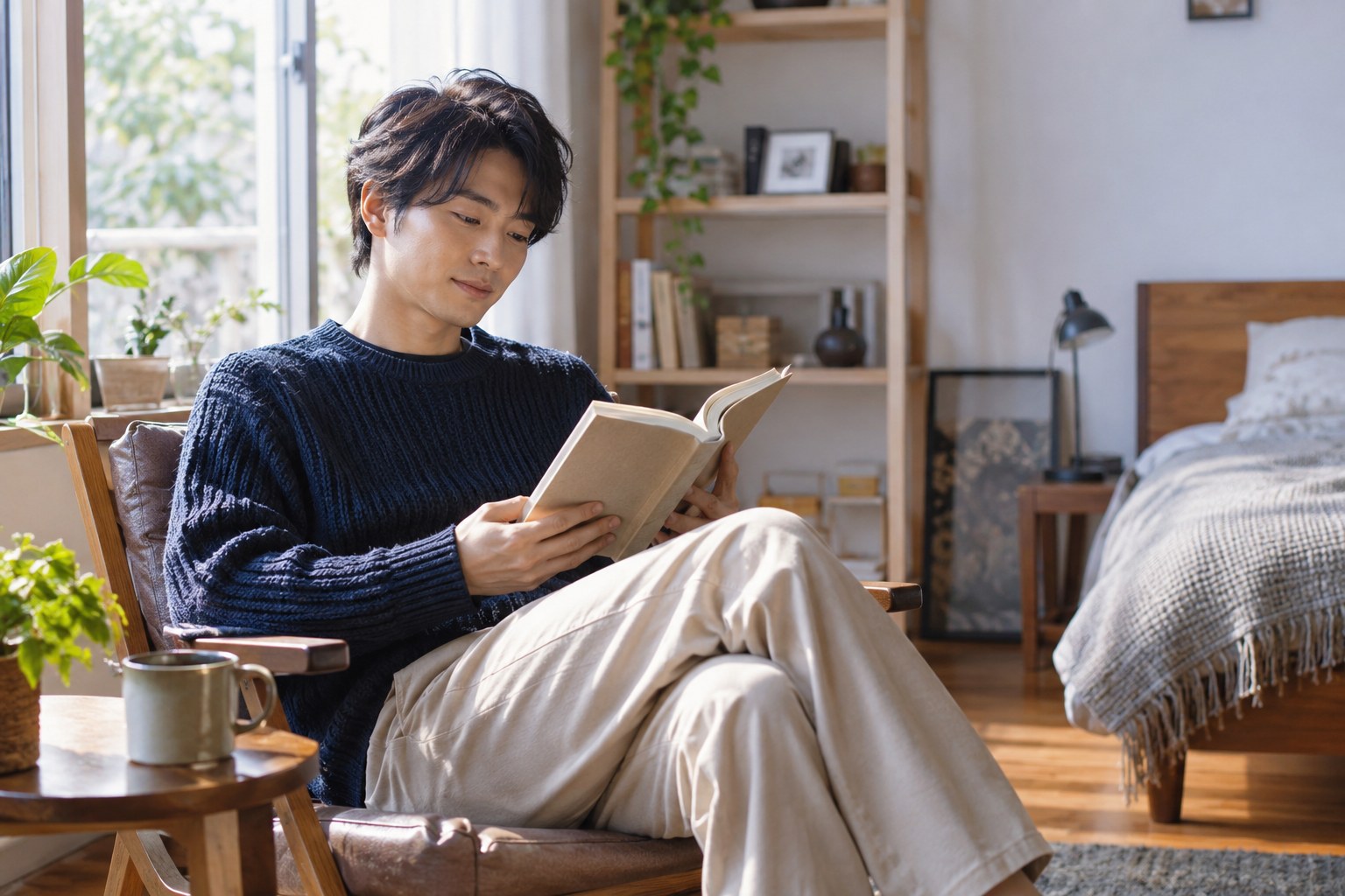 室内で静かに本を読む男性