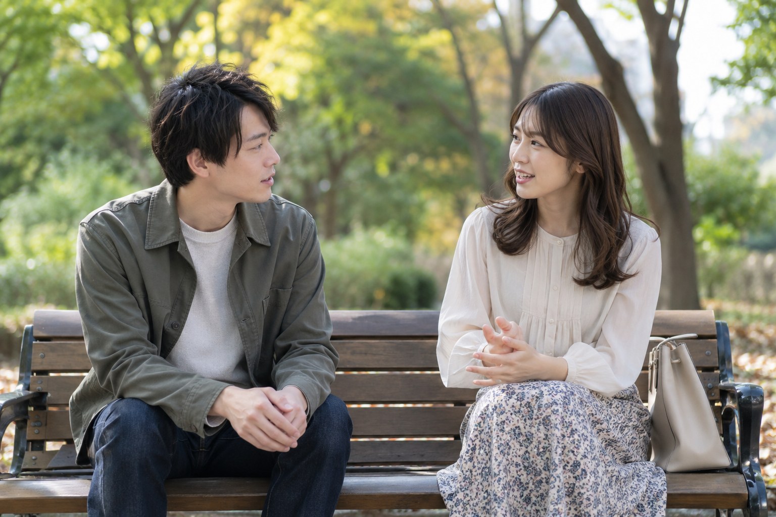 公園のベンチで話し合う男女
