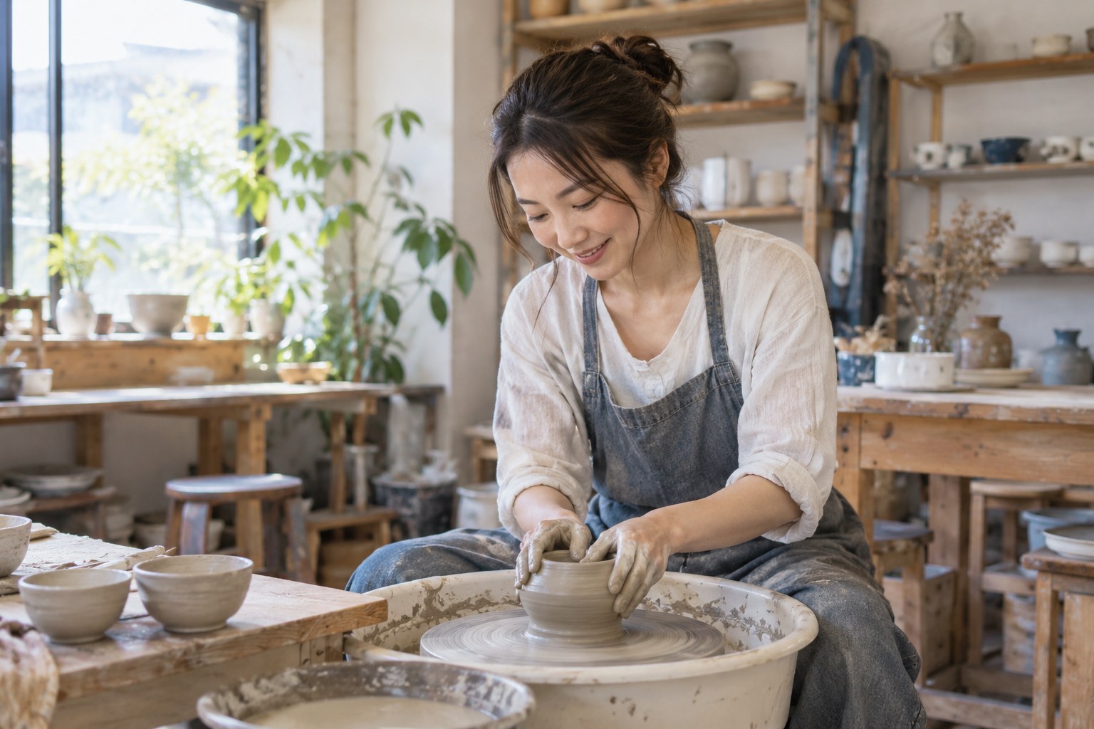 明るい工房で陶芸を楽しむ女性