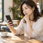カフェでスマートフォンを見る女性