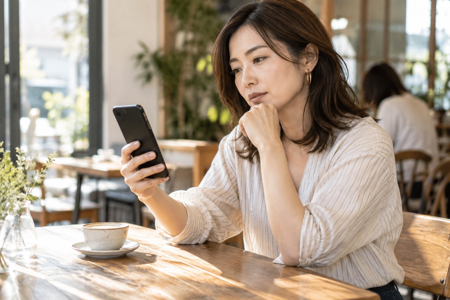 カフェでスマートフォンを見る女性