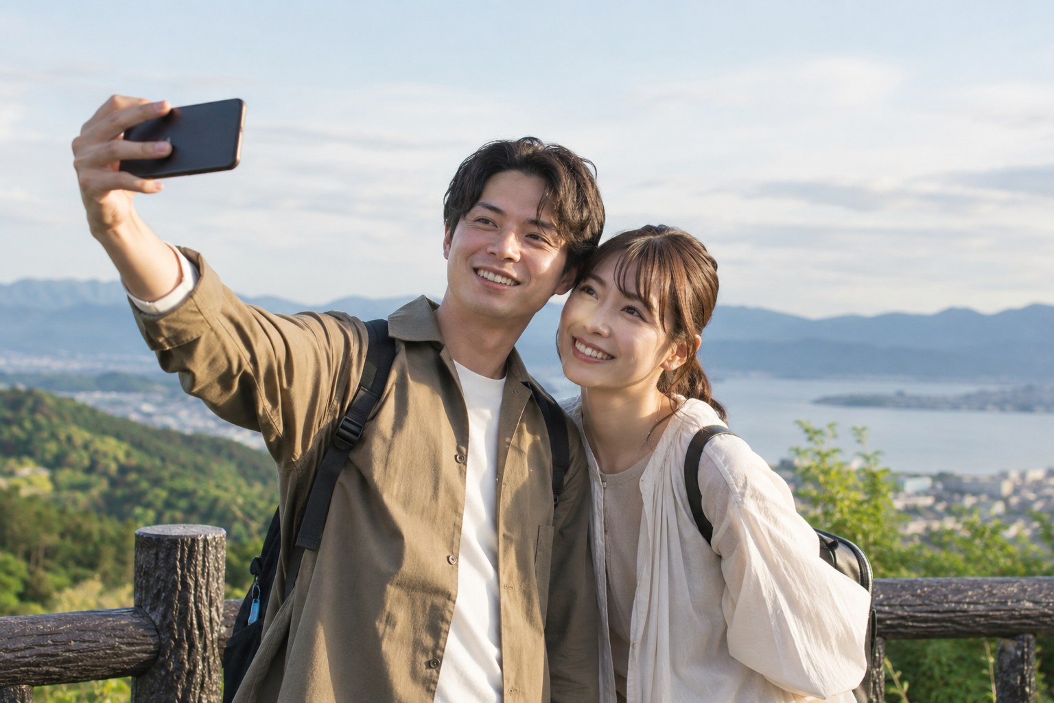 屋外で二人の写真を撮る男女