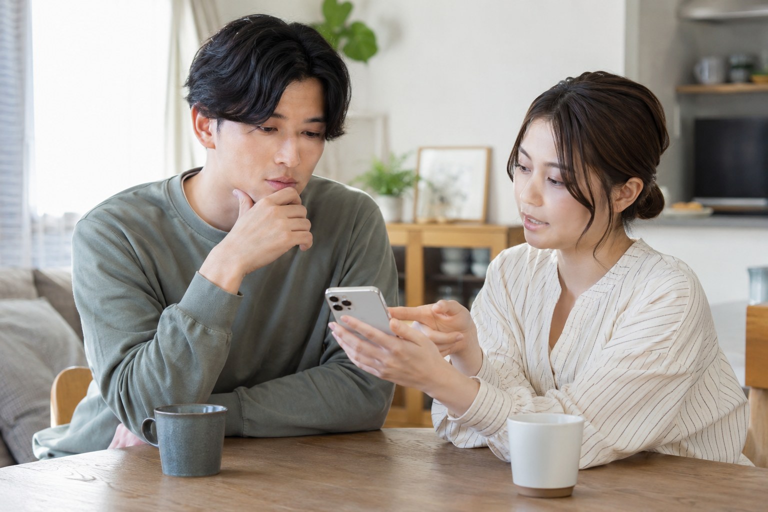写真についてスマートフォンを見ながら話す男女