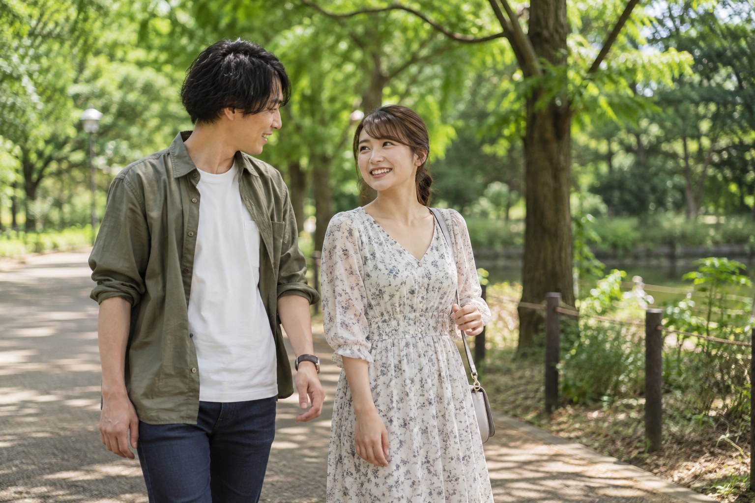緑の公園を並んで歩く男女
