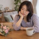 花とお茶を前に考える女性