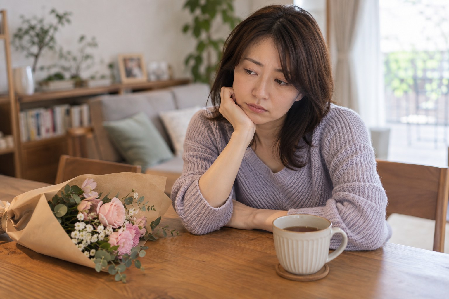 花とお茶を前に考える女性