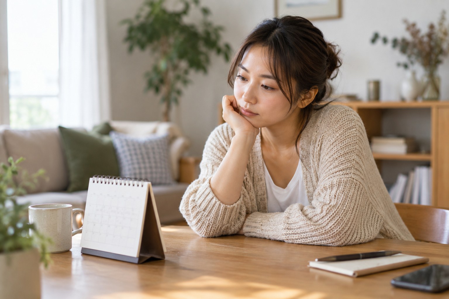 卓上カレンダーを見て記念日を考える女性