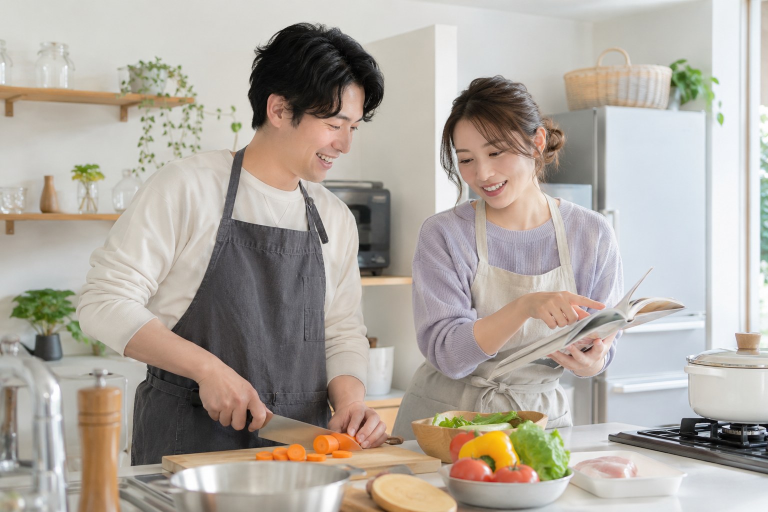 台所で一緒に食事を準備する男女