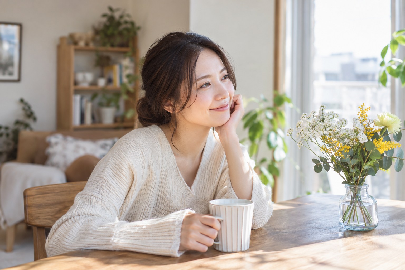 朝の室内で花を眺める女性