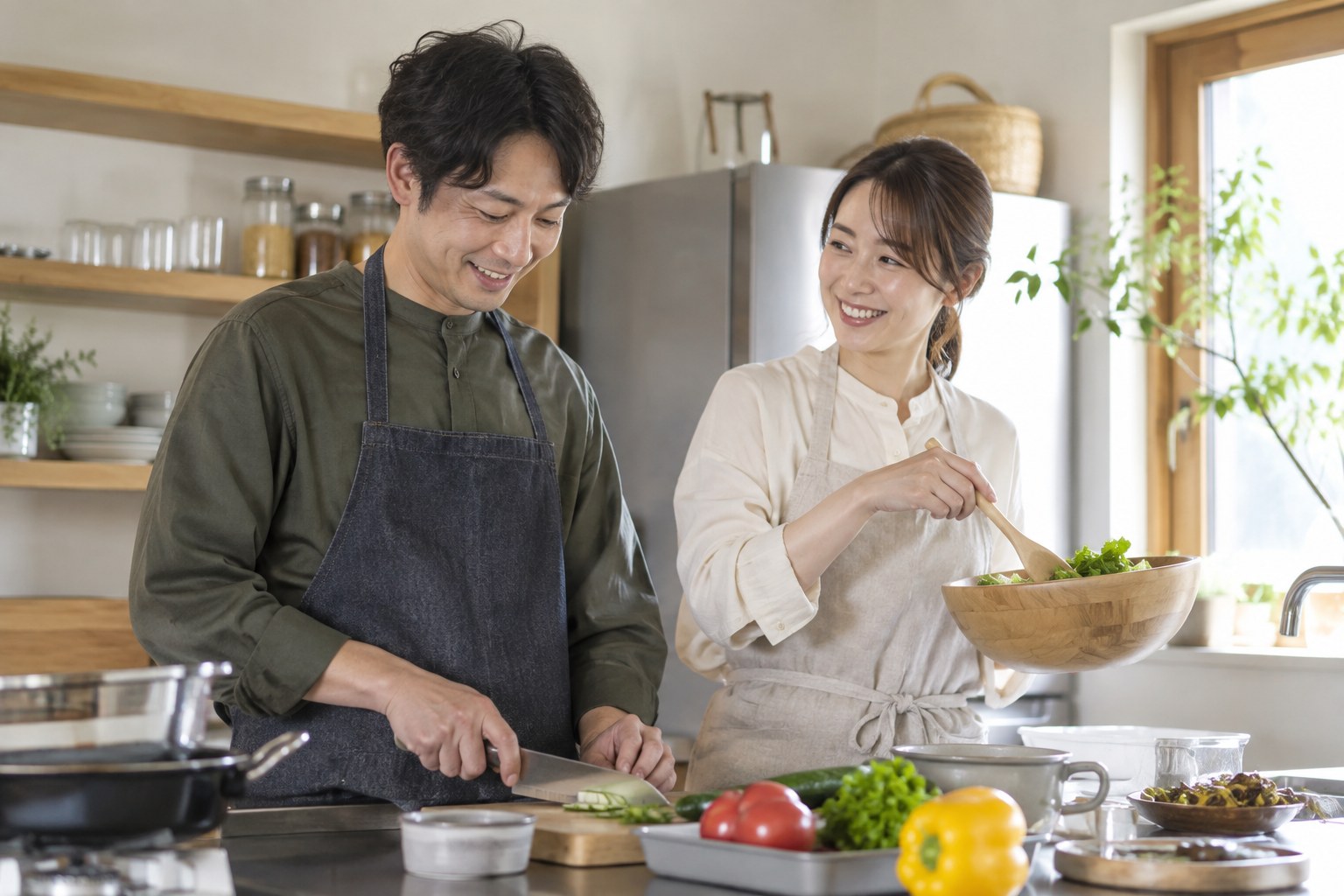 台所で一緒に料理する男女