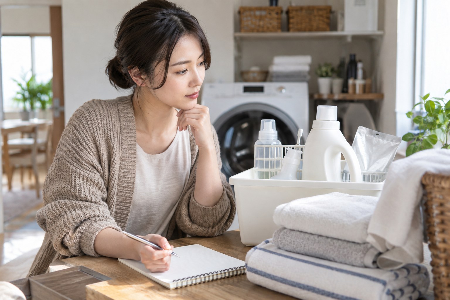 洗濯の準備と作業を考える女性