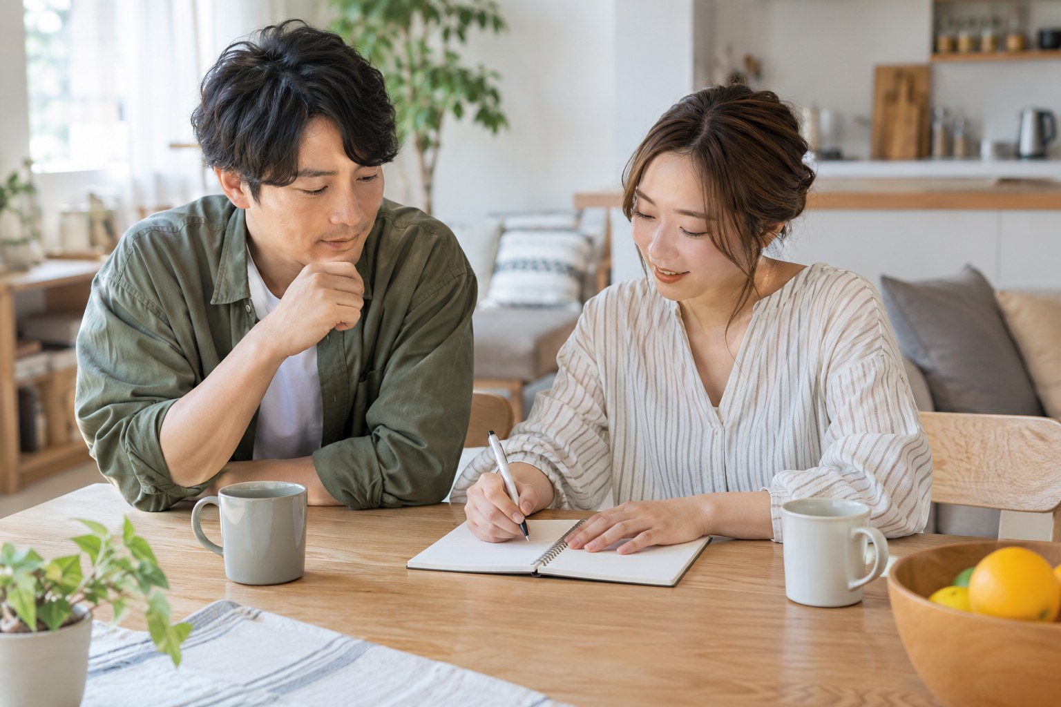 ノートで家事の担当を相談する男女