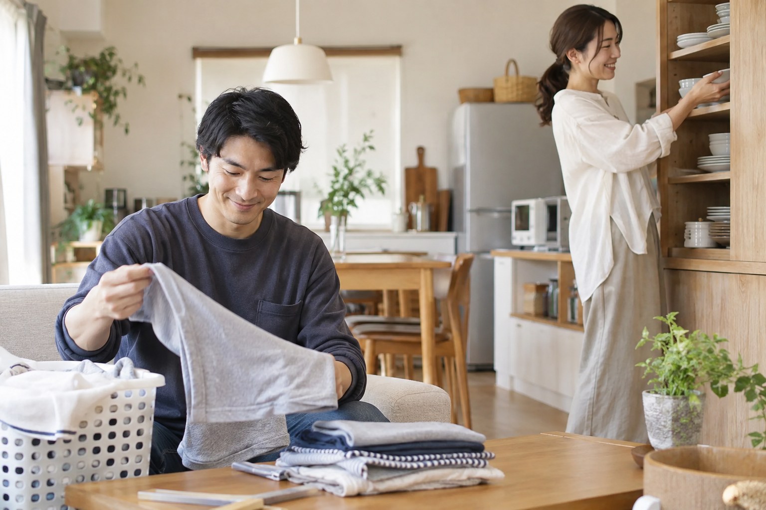 洗濯物を畳む男性と片付ける女性