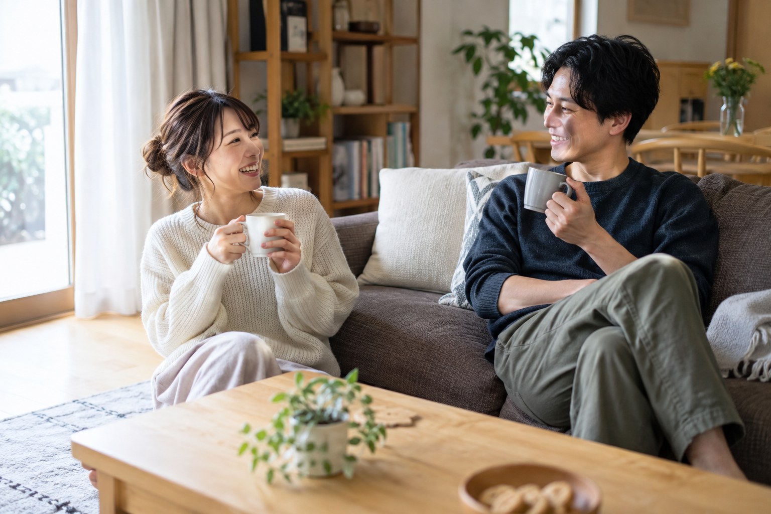 家事の後にお茶を楽しむ男女
