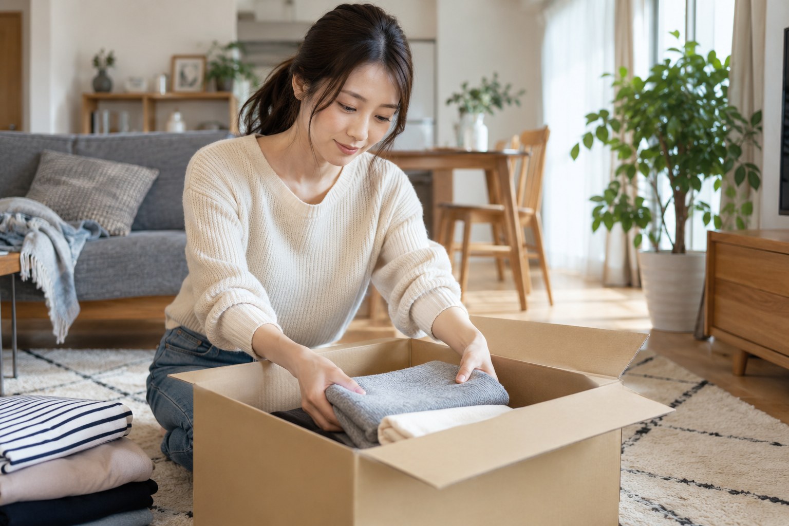 服を段ボール箱へ梱包する女性