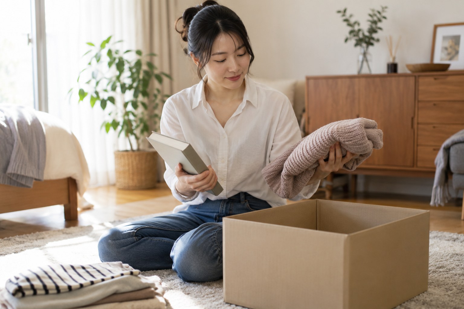 本と服を返却のために整理する女性