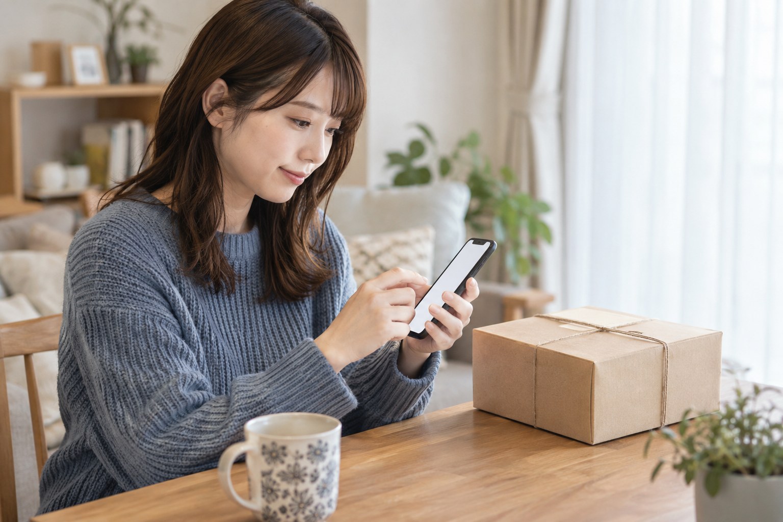 荷物の横で短い連絡を考える女性