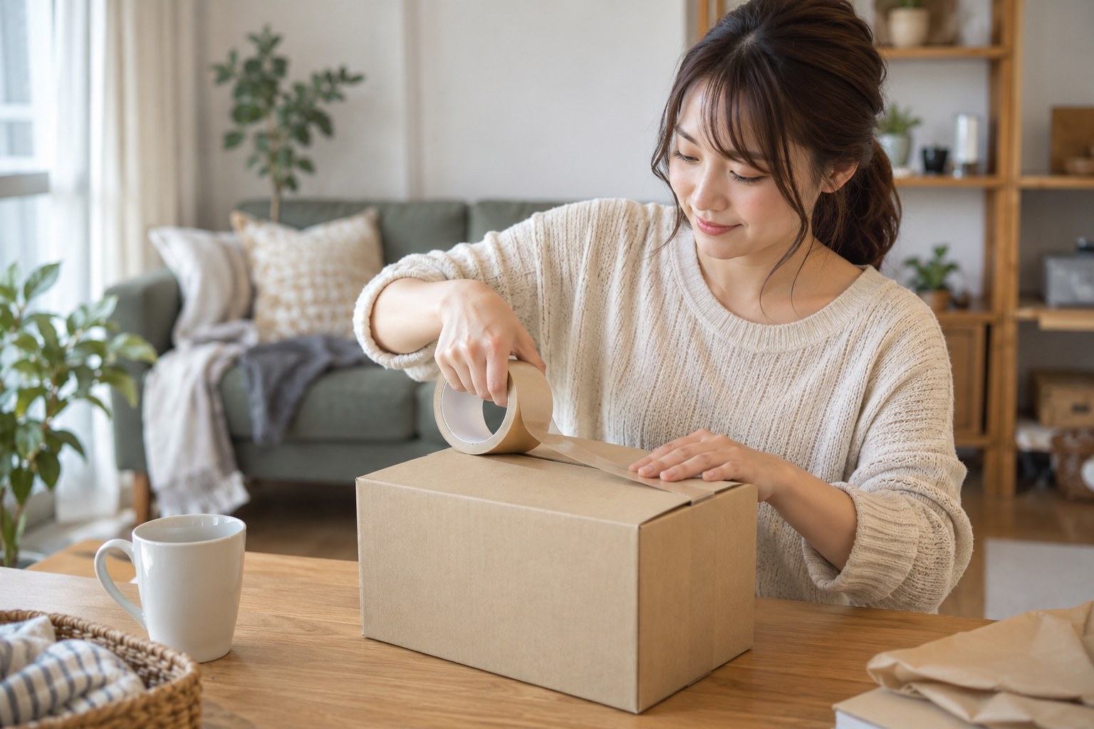 無地の箱をテープで閉じる女性