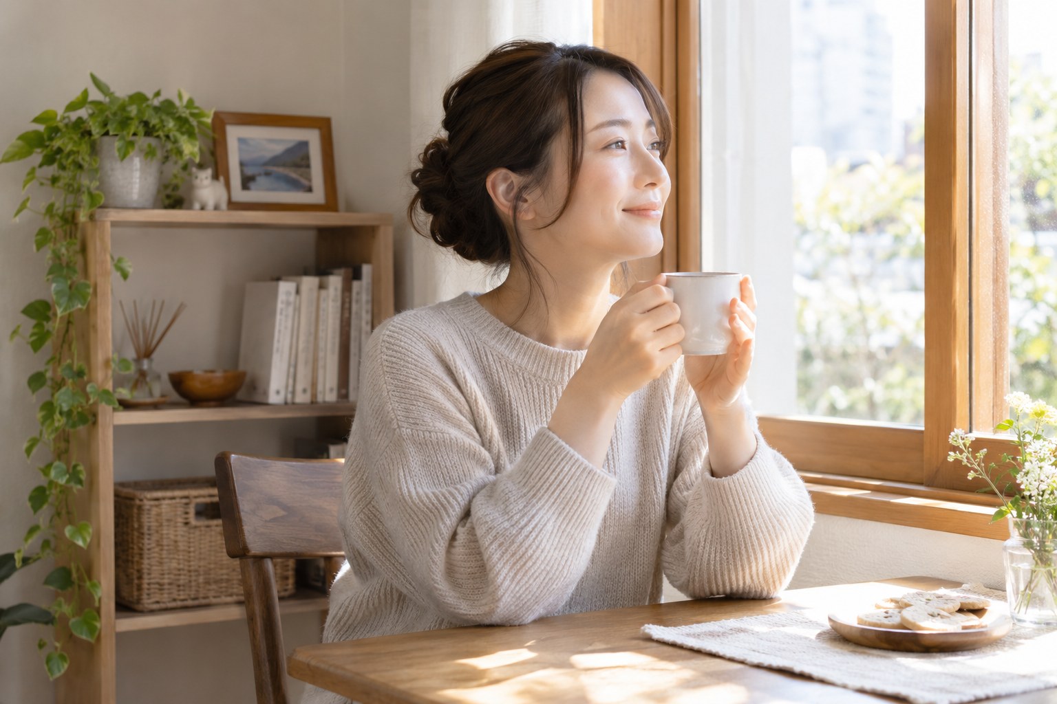 片付けた部屋でお茶を飲む女性