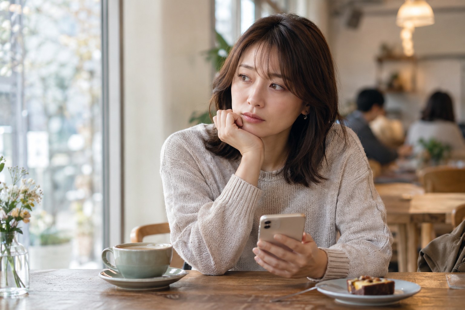 カフェで連絡の後の気持ちを考える女性