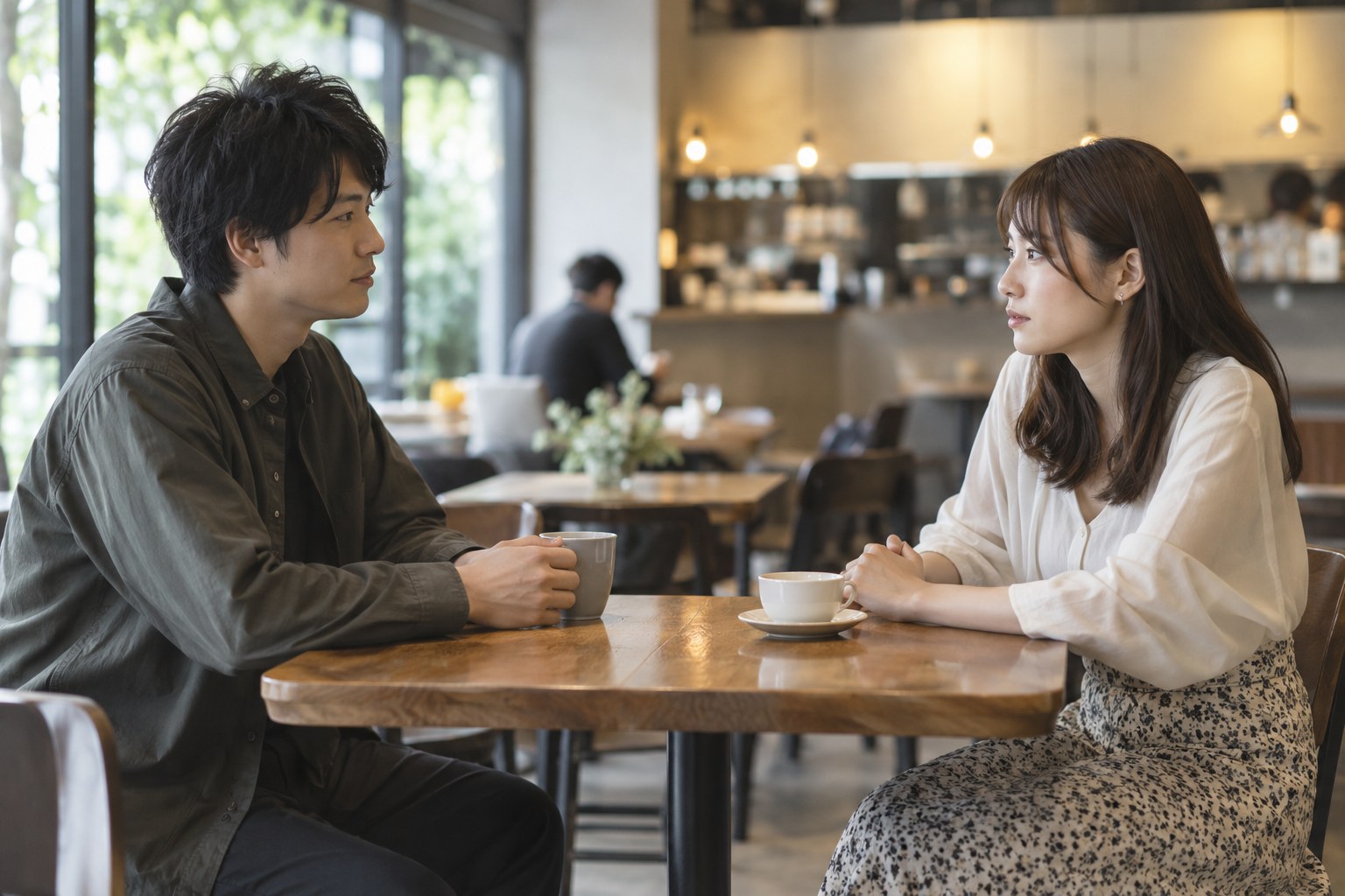 カフェで落ち着いて話す男女