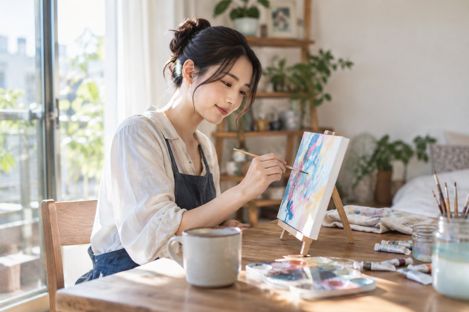 朝の室内で絵を描く女性