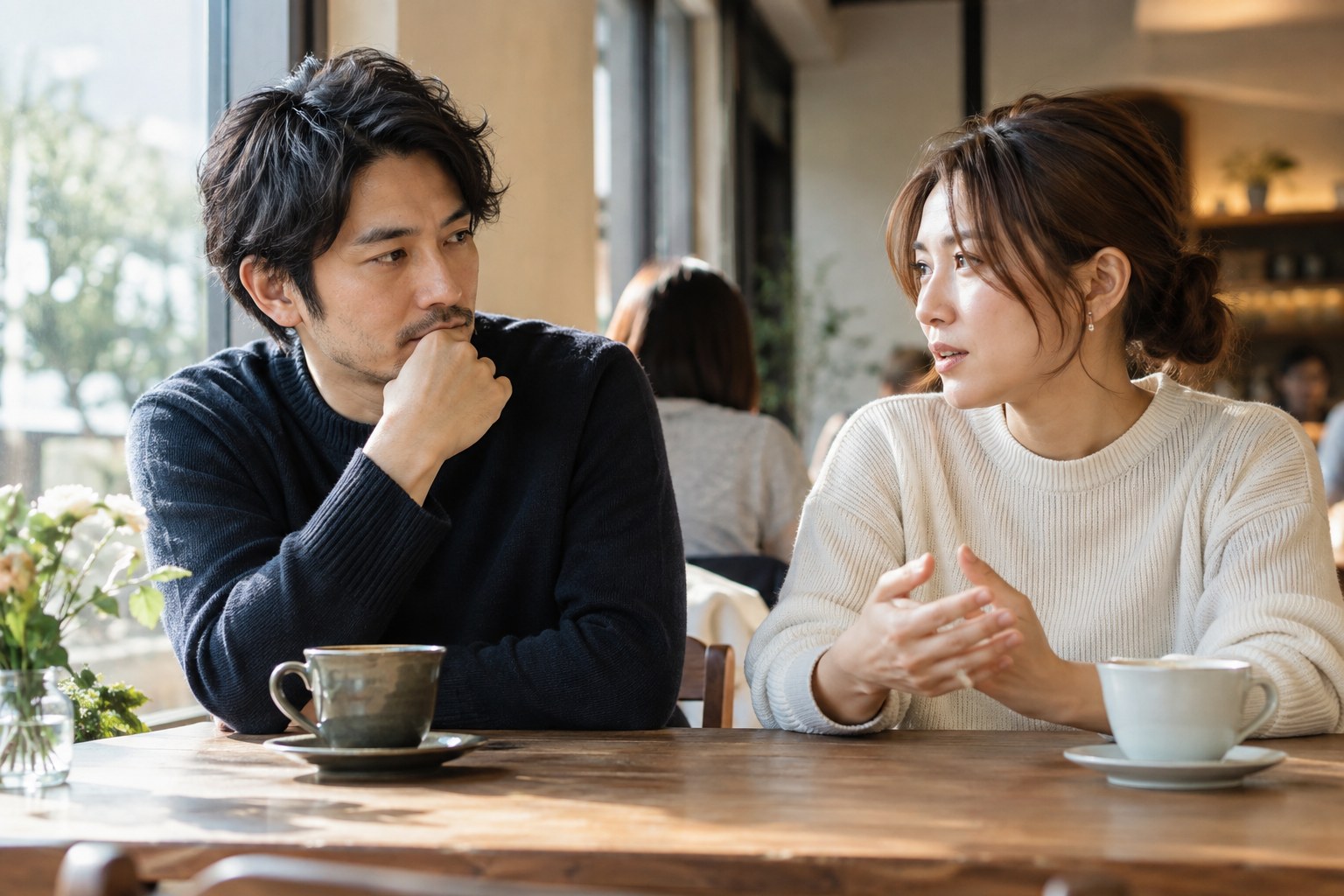 カフェで再交際について話す男女