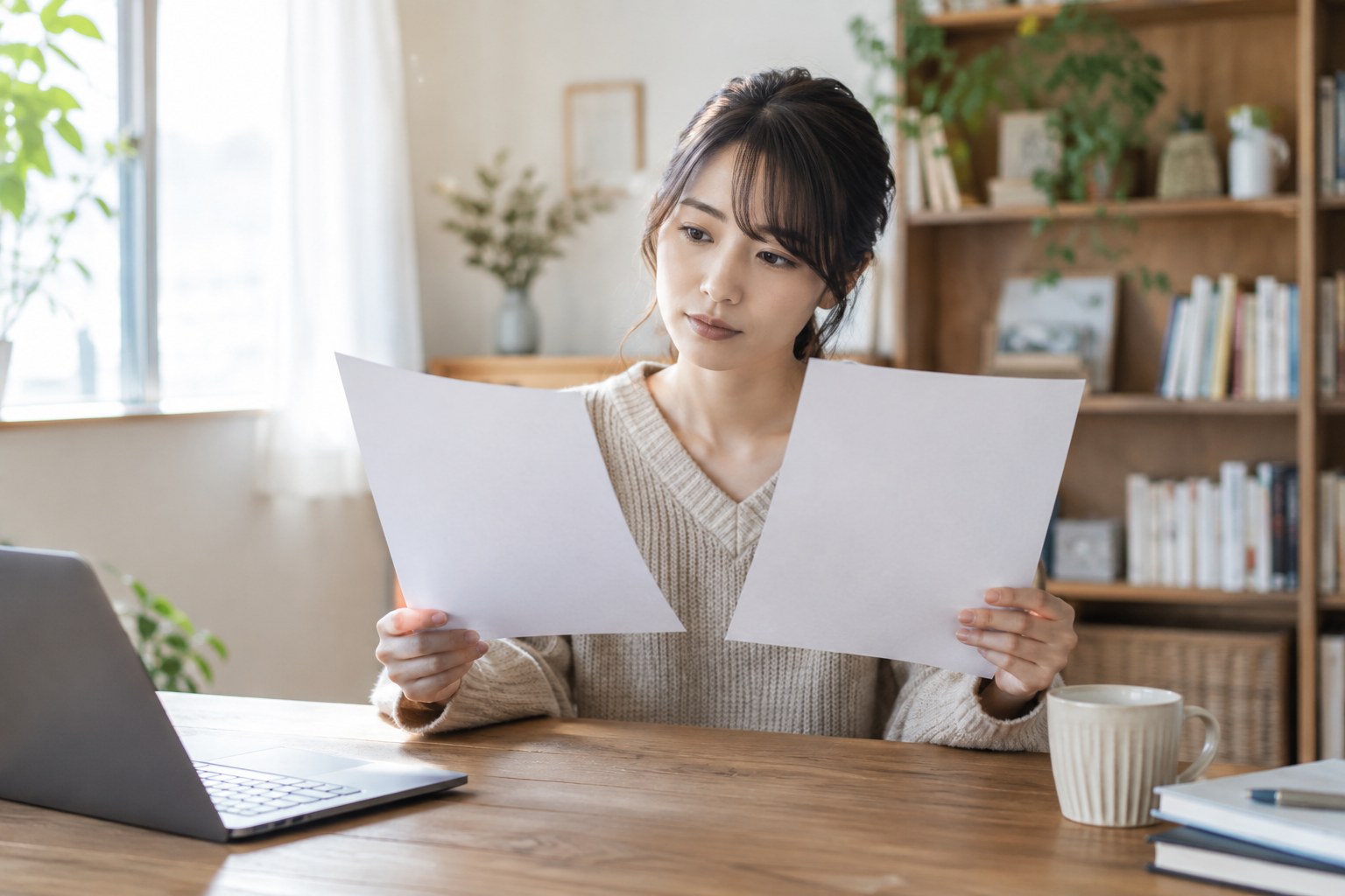 二枚の紙に過去と今を整理する女性