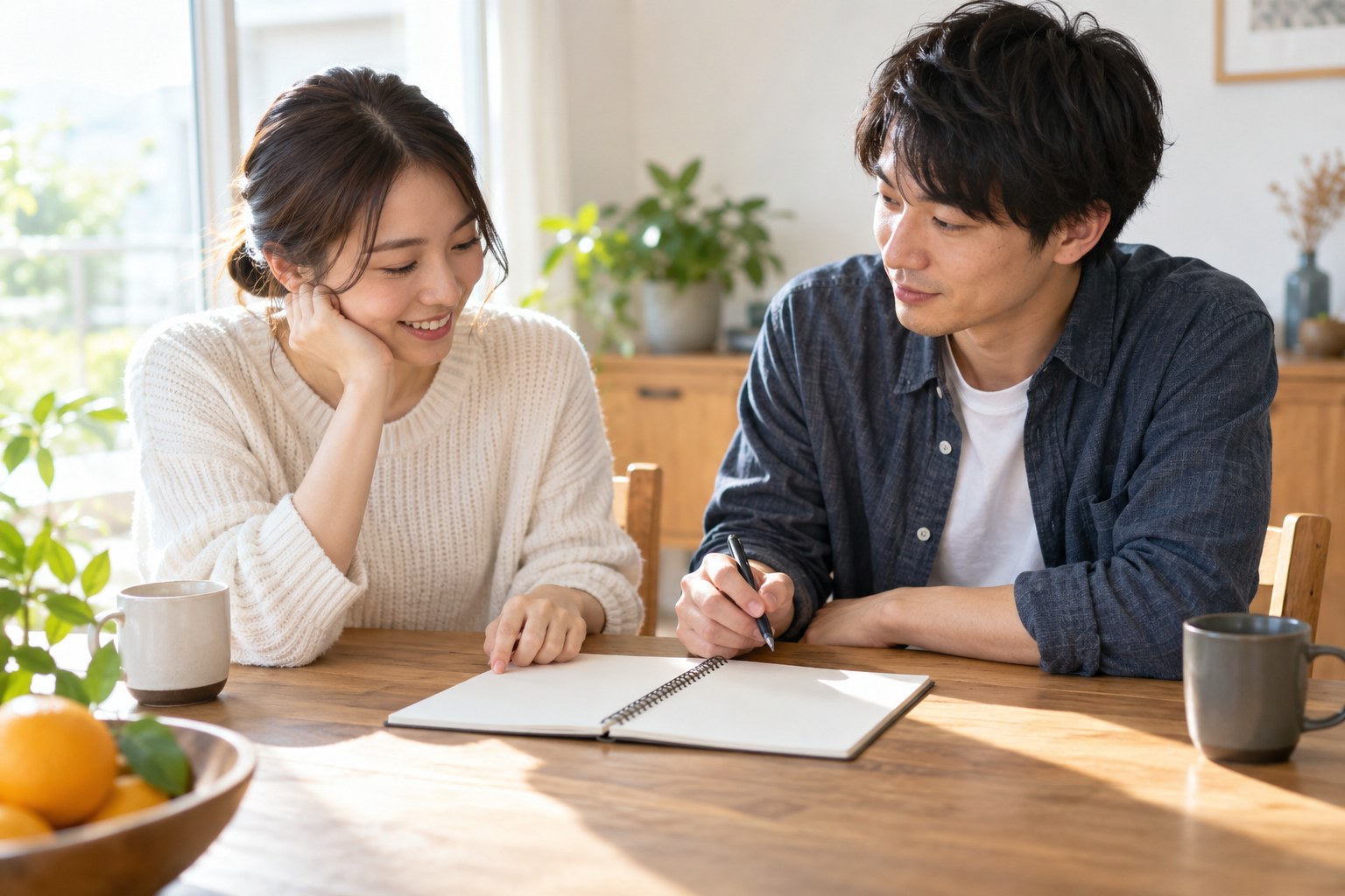 ノートを使ってこれからの約束を話す男女