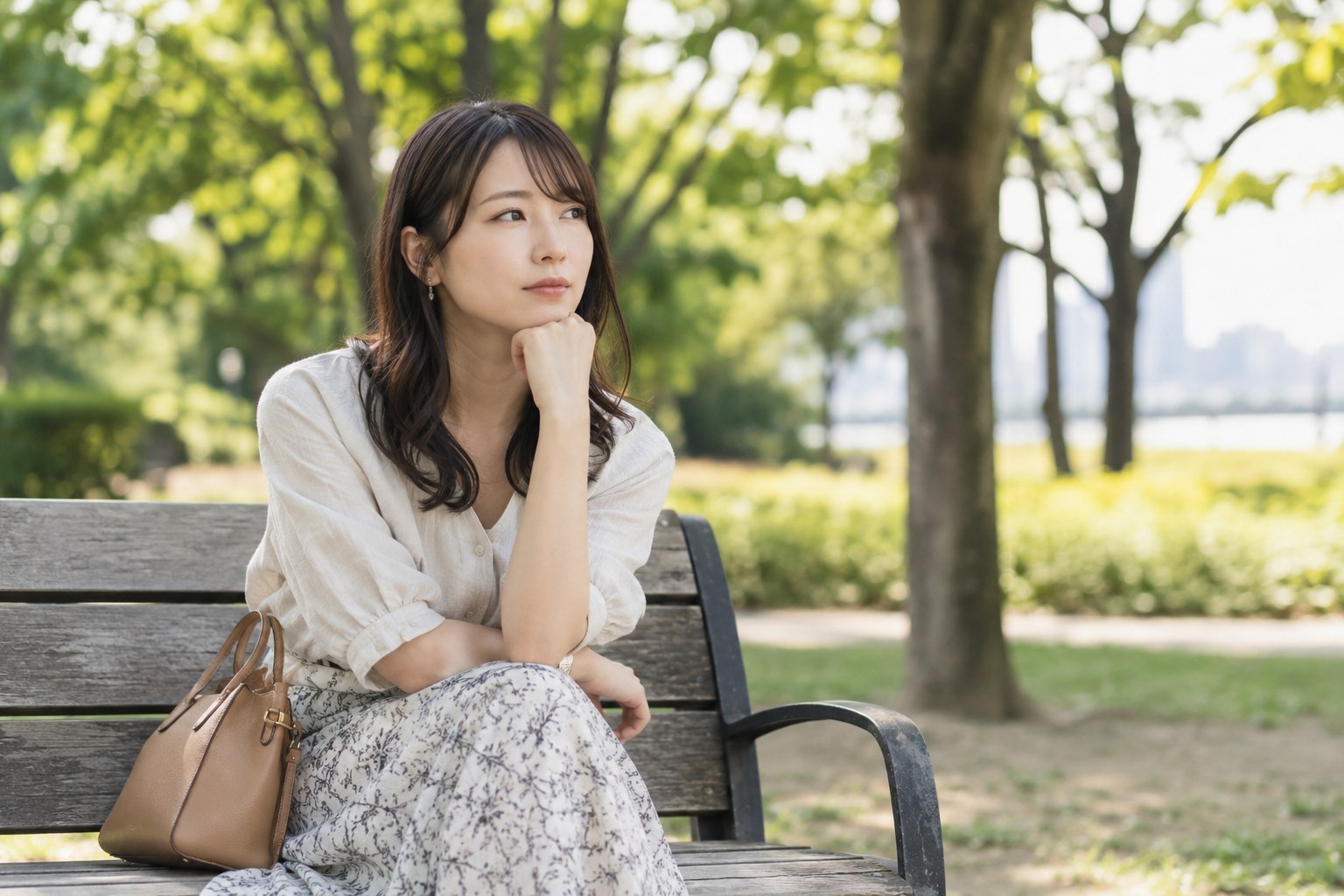公園のベンチで自分の意思を考える女性