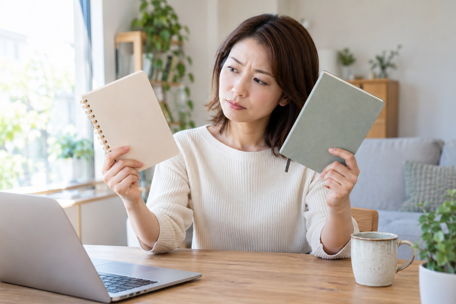 二冊のノートを比べて考える女性