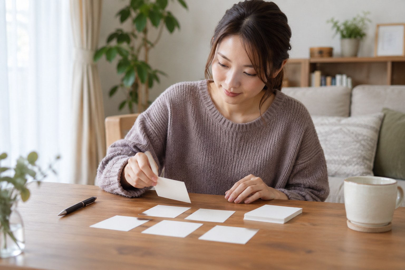 無地のカードで相談内容を整理する女性