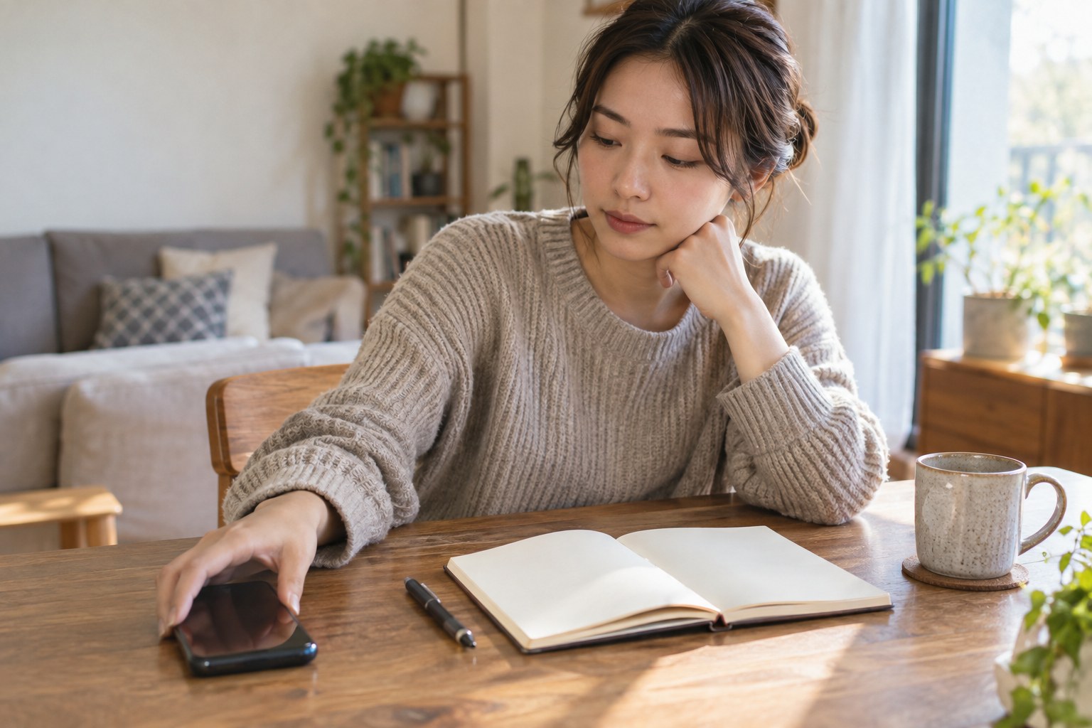 スマートフォンを置いてノートに向かう女性