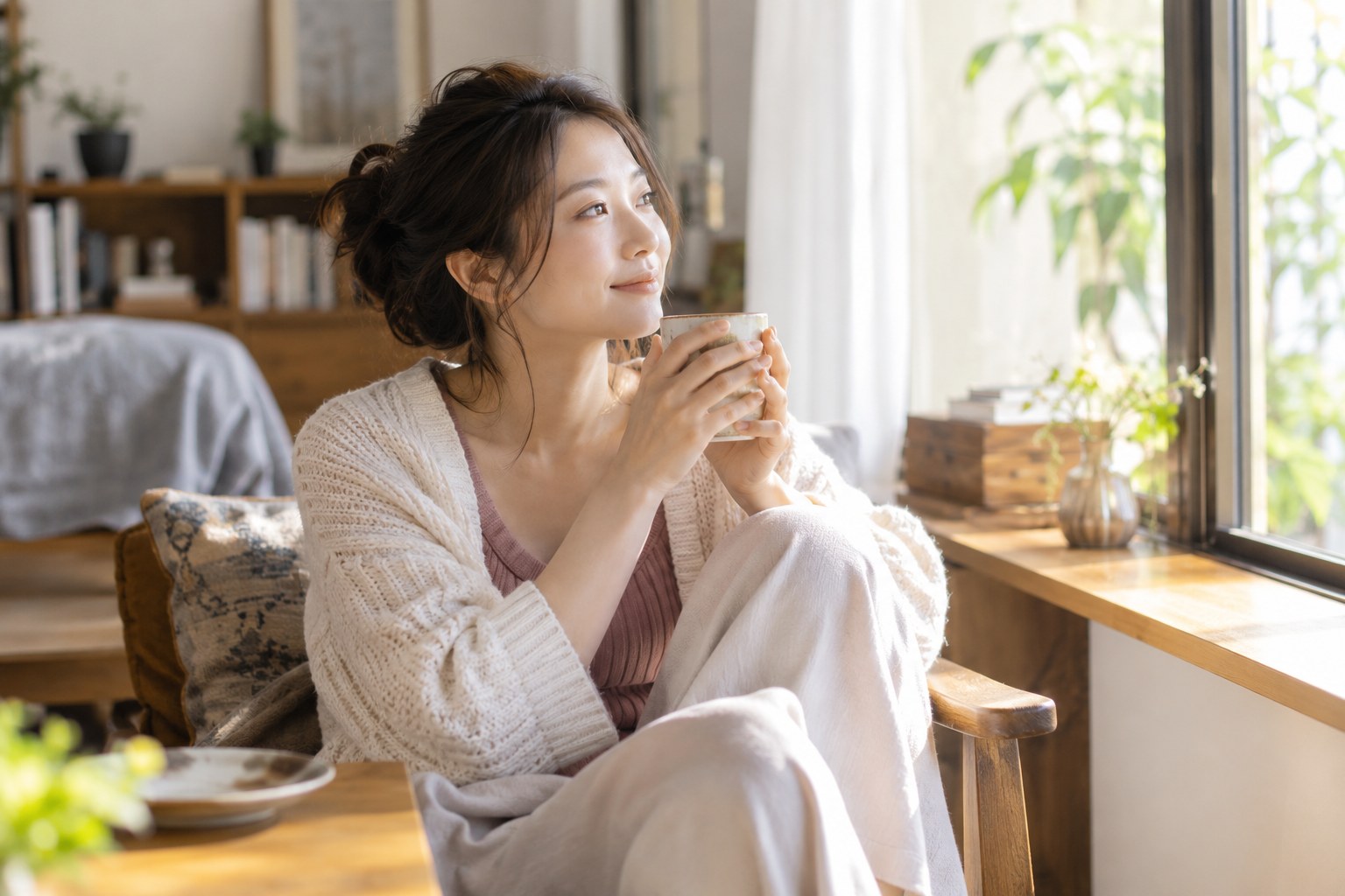 窓辺でお茶を飲んで落ち着く女性