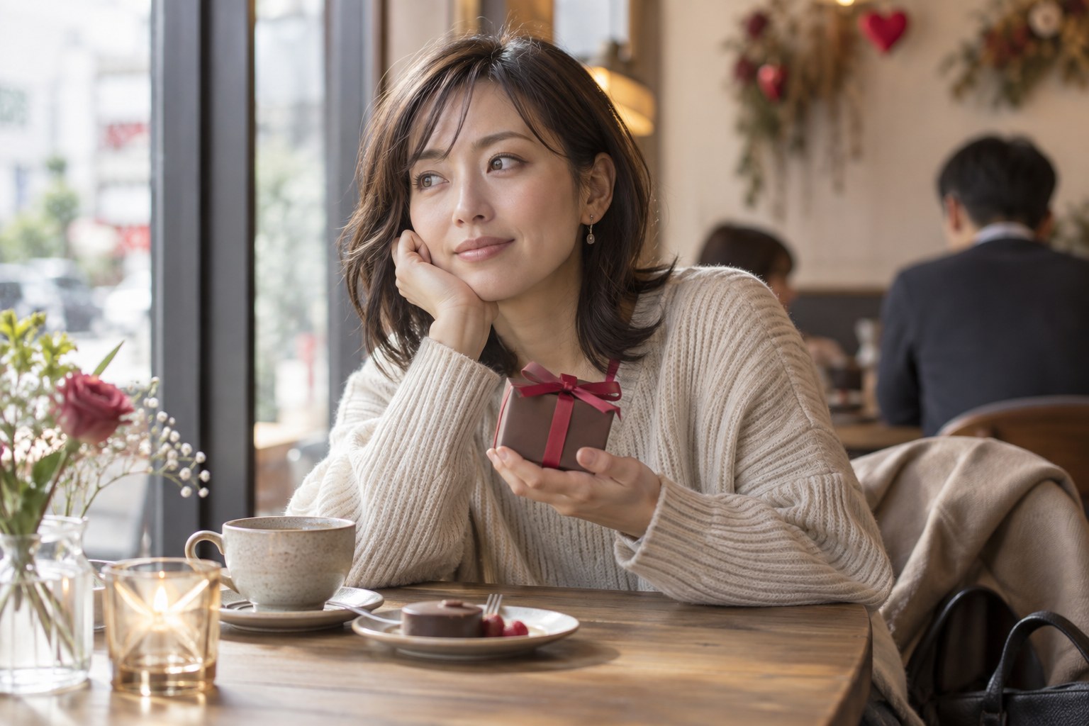 小さなチョコを手に気持ちを考える女性