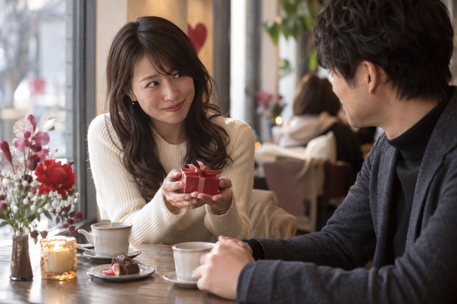 カフェで向き合って話す男女