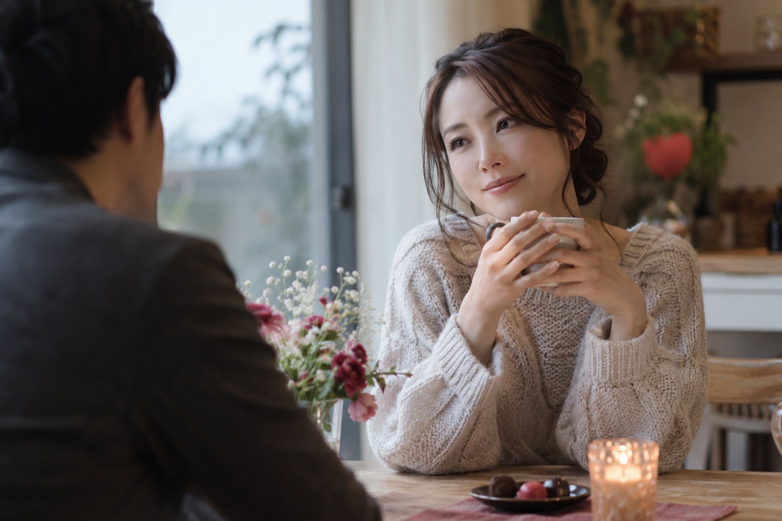 カフェで落ち着いて話す女性