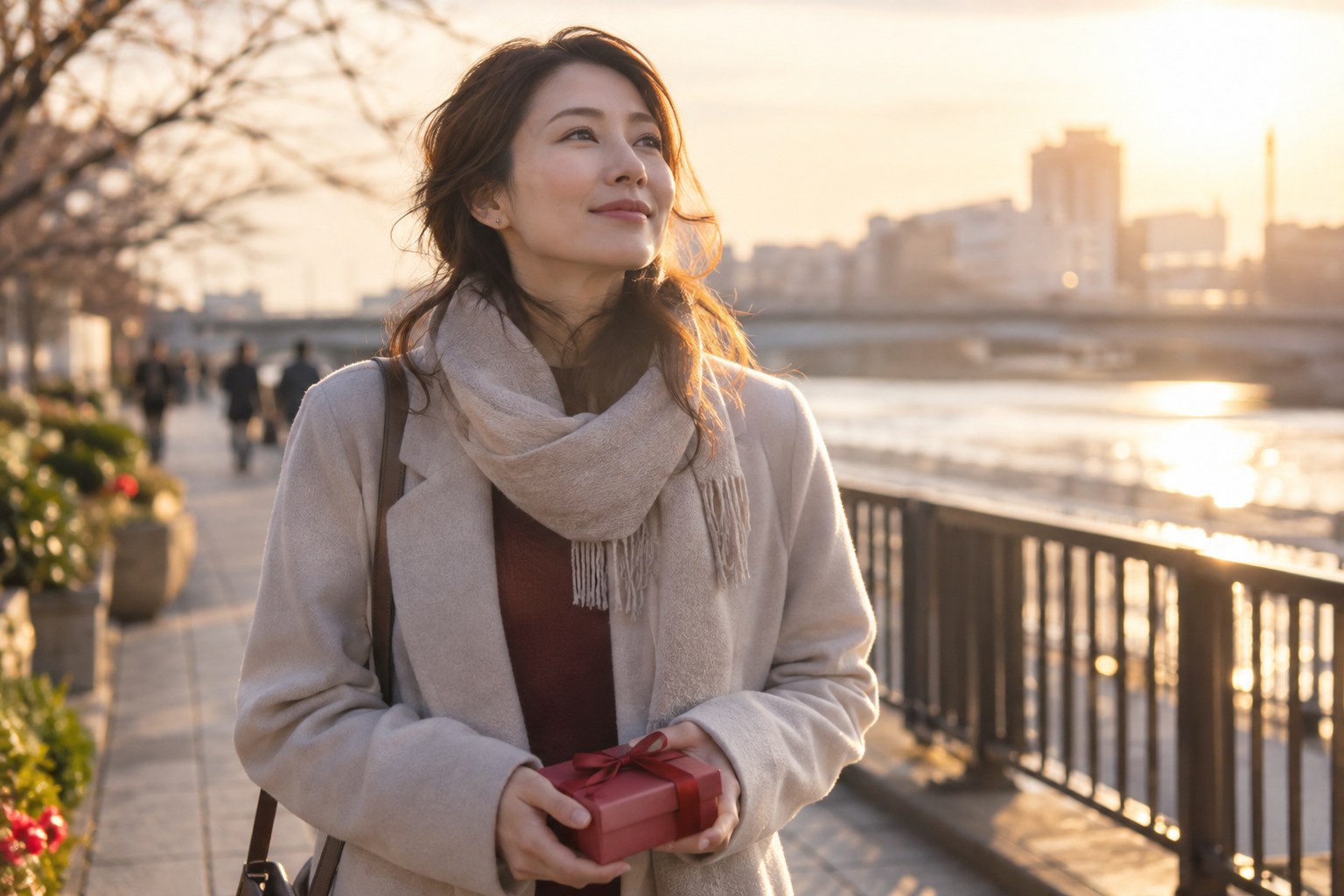 冬の光の中で散歩する女性
