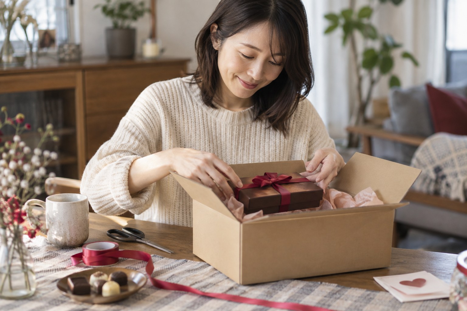 自宅で贈り物を発送用の箱に入れる女性